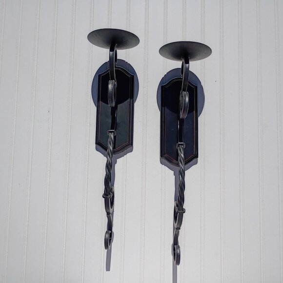 Black Wrought Iron Wall Sconce Pair Pillar Candle Holders Sconces Twisted Scroll - Picture 13 of 14